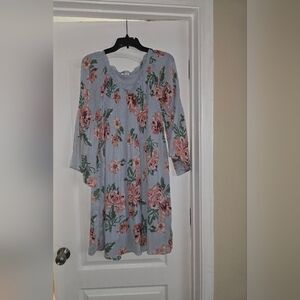 Spense Light Blue Floral Long-Sleeve Midi Dress